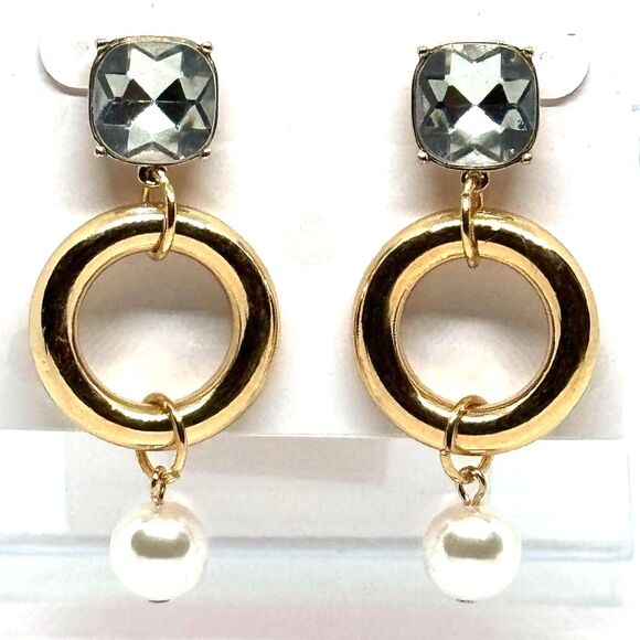 ISAAC MIZRAHI Gold Tone Crystal & Faux Pearl Dangling Post  Earrings - Picture 9 of 11